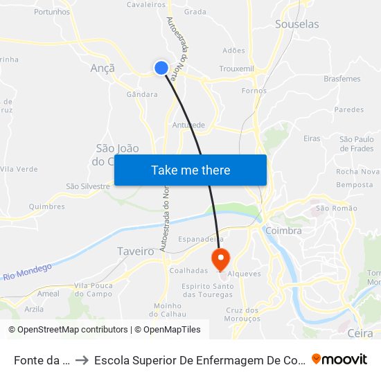 Fonte da Portela to Escola Superior De Enfermagem De Coimbra - Pólo B (Esenfc) map