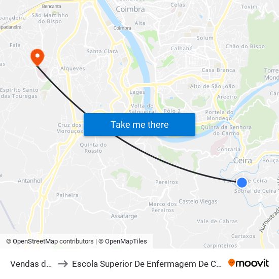 Vendas de Ceira 2 to Escola Superior De Enfermagem De Coimbra - Pólo B (Esenfc) map