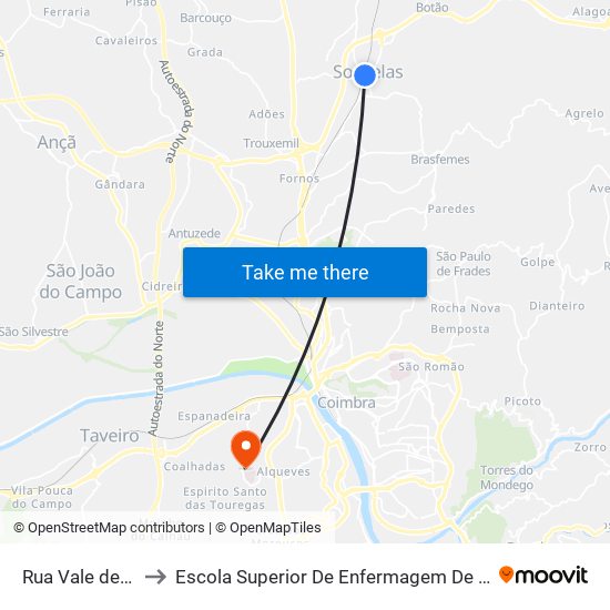 Rua Vale de S. Pedro 1 to Escola Superior De Enfermagem De Coimbra - Pólo B (Esenfc) map