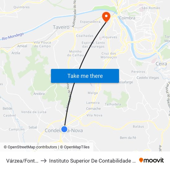 Várzea/Fonte Dos Amores to Instituto Superior De Contabilidade E Administração De Coimbra (Iscac) map