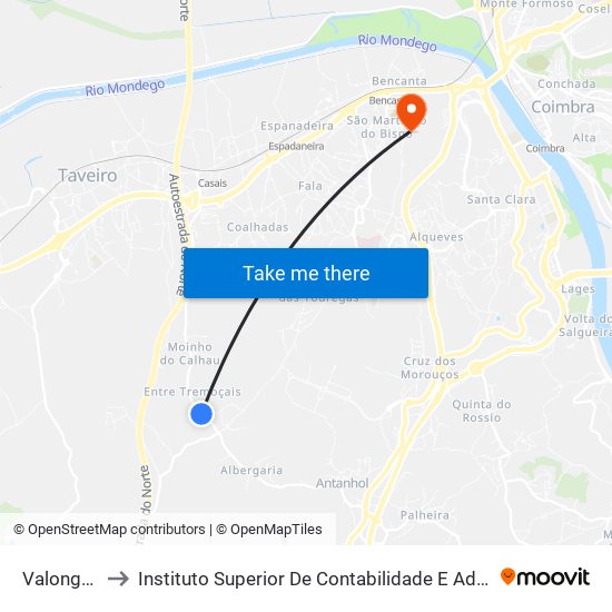 Valongo (norte) to Instituto Superior De Contabilidade E Administração De Coimbra (Iscac) map