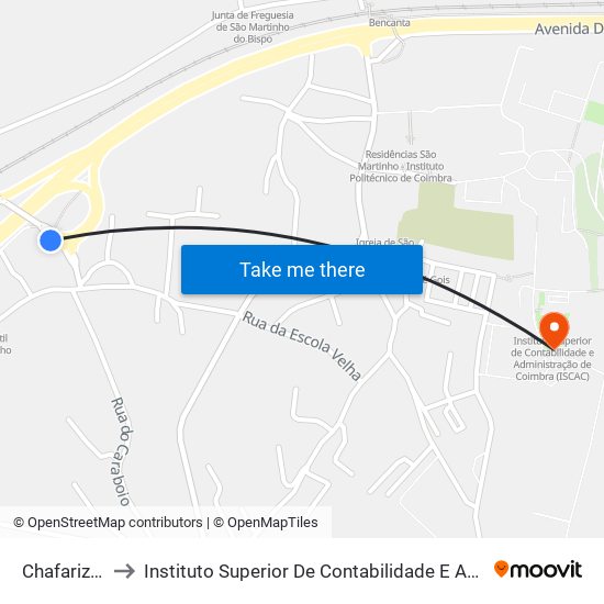 Chafariz (viaduto) to Instituto Superior De Contabilidade E Administração De Coimbra (Iscac) map