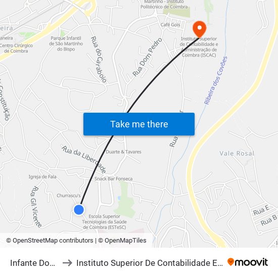 Infante Dom Henrique 3 to Instituto Superior De Contabilidade E Administração De Coimbra (Iscac) map