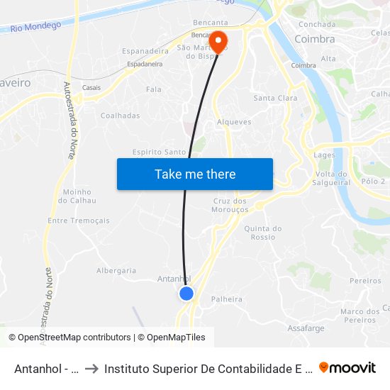 Antanhol - cruzamento to Instituto Superior De Contabilidade E Administração De Coimbra (Iscac) map