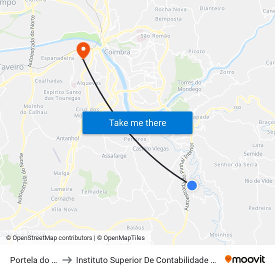 Portela do Casal Novo 3 to Instituto Superior De Contabilidade E Administração De Coimbra (Iscac) map