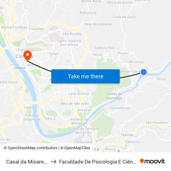 Casal da Misarela (centro) to Faculdade De Psicologia E Ciências Da Educação map