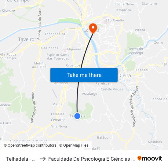 Telhadela - centro to Faculdade De Psicologia E Ciências Da Educação map