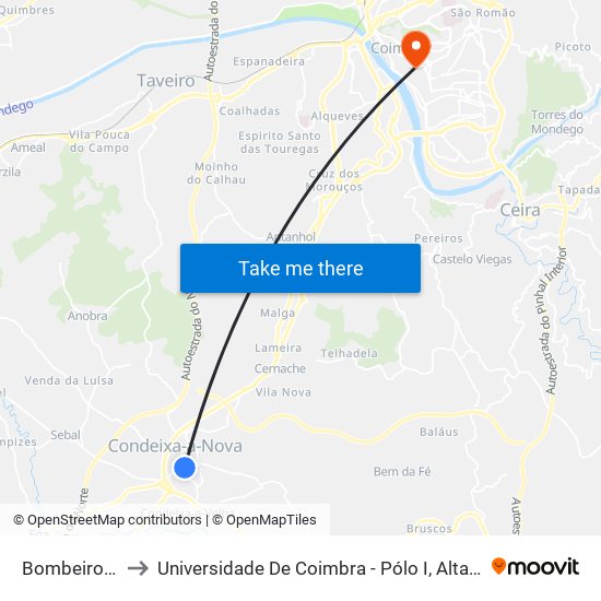 Bombeiros/Ctt to Universidade De Coimbra - Pólo I, Alta Universitária map