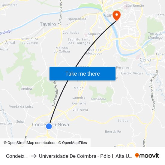 Condeixinha to Universidade De Coimbra - Pólo I, Alta Universitária map