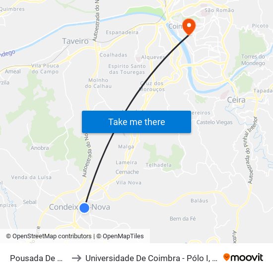 Pousada De Condeixa to Universidade De Coimbra - Pólo I, Alta Universitária map