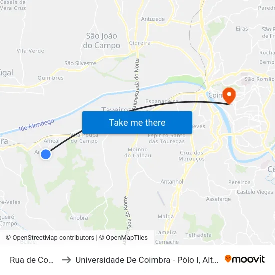 Arzila (rua de Condeixa) to Universidade De Coimbra - Pólo I, Alta Universitária map
