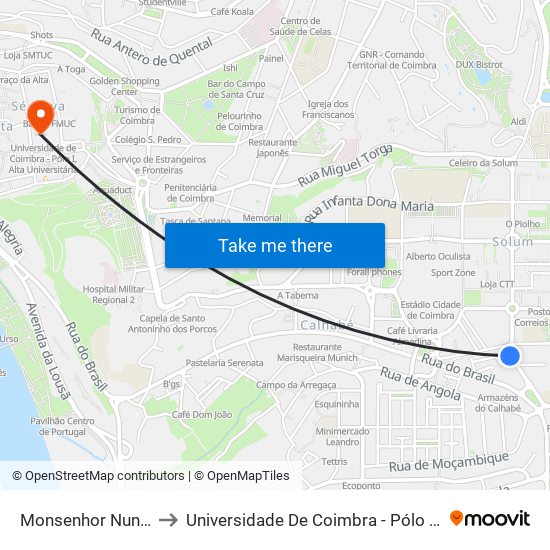 Monsenhor Nunes Pereira to Universidade De Coimbra - Pólo I, Alta Universitária map