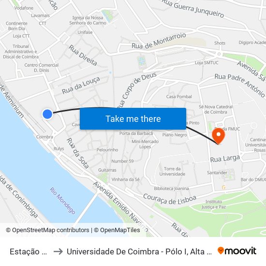 Estação Nova to Universidade De Coimbra - Pólo I, Alta Universitária map