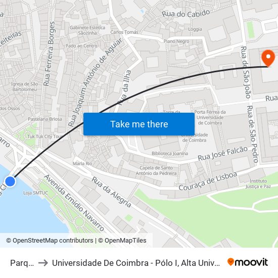 Parque to Universidade De Coimbra - Pólo I, Alta Universitária map