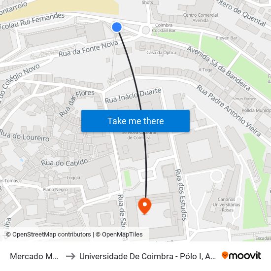 Mercado Municipal to Universidade De Coimbra - Pólo I, Alta Universitária map