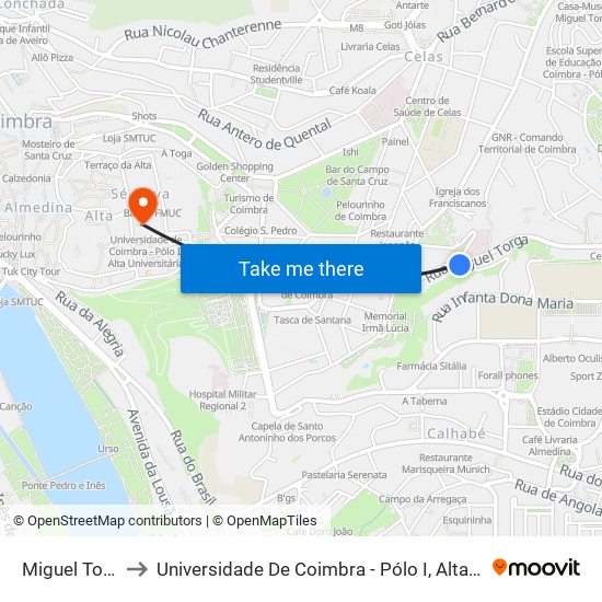 Miguel Torga 1 to Universidade De Coimbra - Pólo I, Alta Universitária map