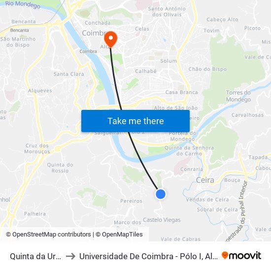 Quinta da Urgeiriça to Universidade De Coimbra - Pólo I, Alta Universitária map