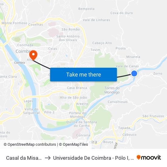 Casal da Misarela (sul) to Universidade De Coimbra - Pólo I, Alta Universitária map