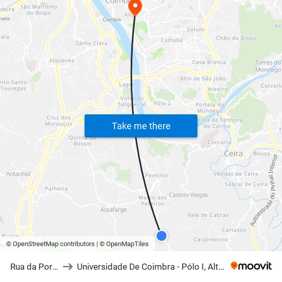 Rua da Portela 3 to Universidade De Coimbra - Pólo I, Alta Universitária map