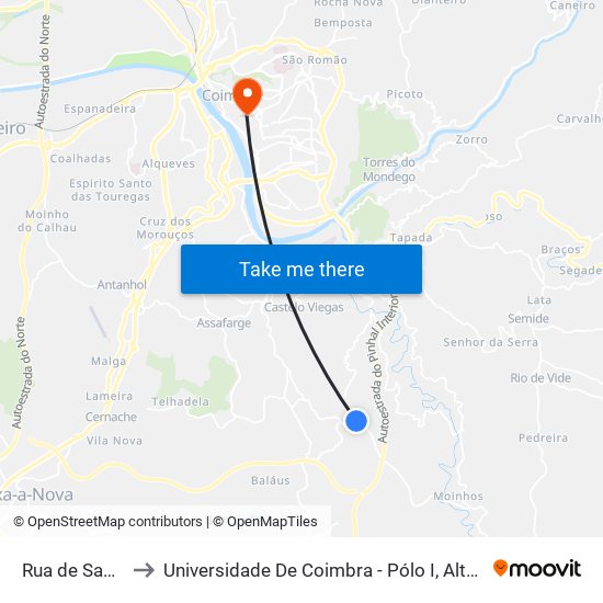 Rua de Santiago to Universidade De Coimbra - Pólo I, Alta Universitária map