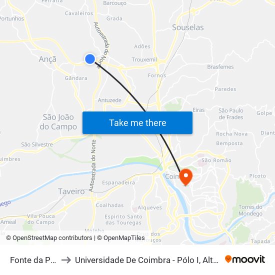 Fonte da Portela to Universidade De Coimbra - Pólo I, Alta Universitária map