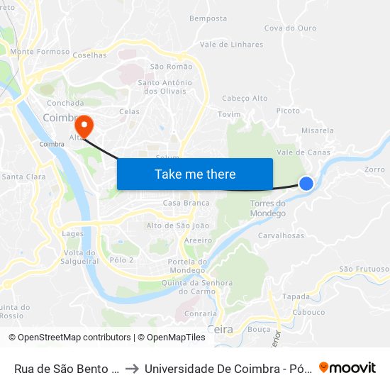 Rua de São Bento (cruzamento) to Universidade De Coimbra - Pólo I, Alta Universitária map