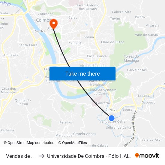 Vendas de Ceira 1 to Universidade De Coimbra - Pólo I, Alta Universitária map