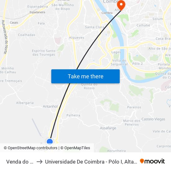 Venda do Cego to Universidade De Coimbra - Pólo I, Alta Universitária map