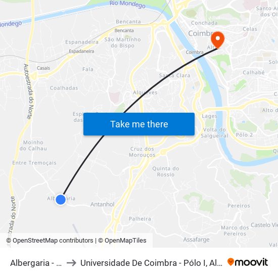 Albergaria - centro to Universidade De Coimbra - Pólo I, Alta Universitária map