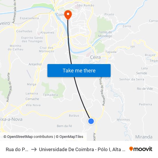Rua do Pinhal to Universidade De Coimbra - Pólo I, Alta Universitária map