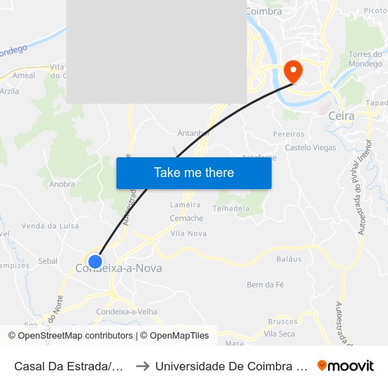 Casal Da Estrada/Capela to Universidade De Coimbra - Pólo II map