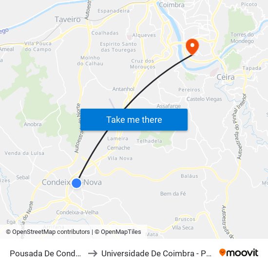 Pousada De Condeixa to Universidade De Coimbra - Pólo II map