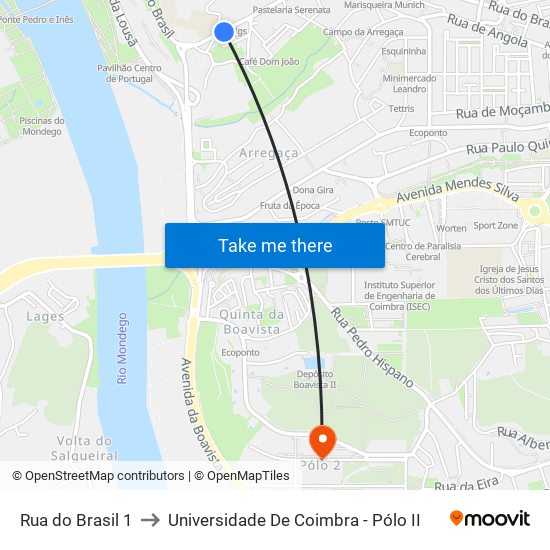 Rua do Brasil 1 to Universidade De Coimbra - Pólo II map
