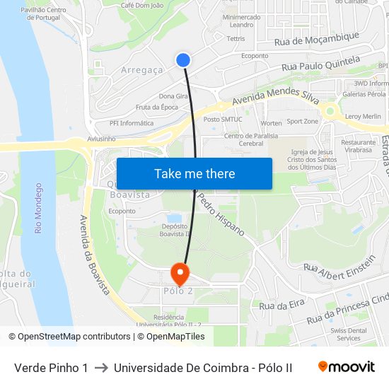Verde Pinho 1 to Universidade De Coimbra - Pólo II map