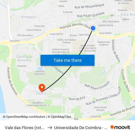 Vale das Flores (rotunda) to Universidade De Coimbra - Pólo II map