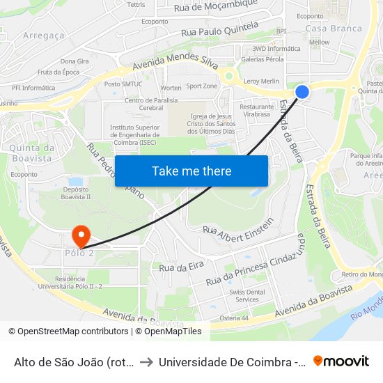 Alto de São João (rotunda) to Universidade De Coimbra - Pólo II map