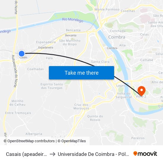 Casais (apeadeiro) to Universidade De Coimbra - Pólo II map