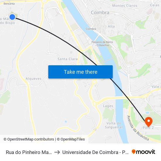 Rua do Pinheiro Manso to Universidade De Coimbra - Pólo II map