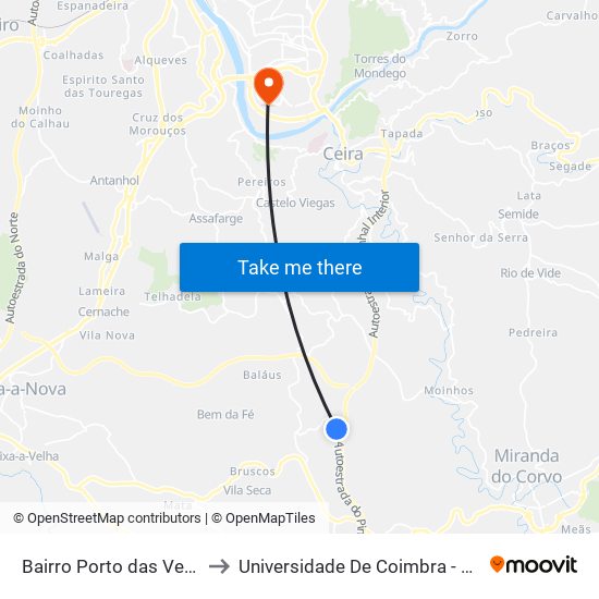 Bairro Porto das Vendas to Universidade De Coimbra - Pólo II map