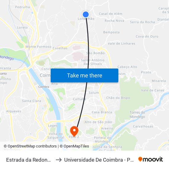 Estrada da Redonda 1 to Universidade De Coimbra - Pólo II map