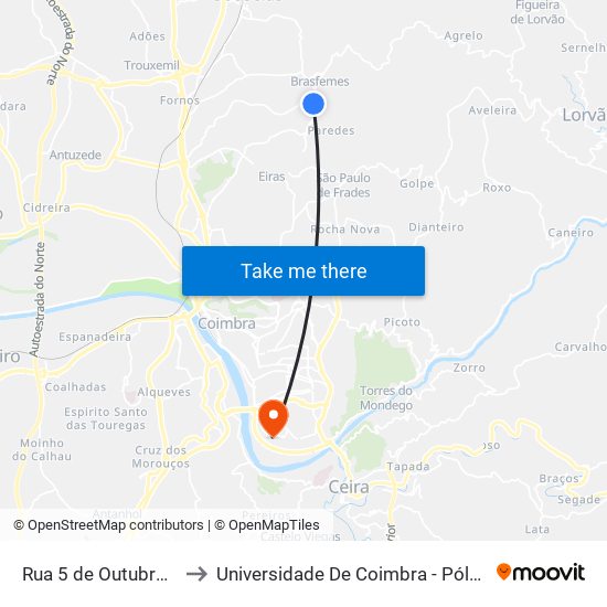Rua 5 de Outubro 2 to Universidade De Coimbra - Pólo II map