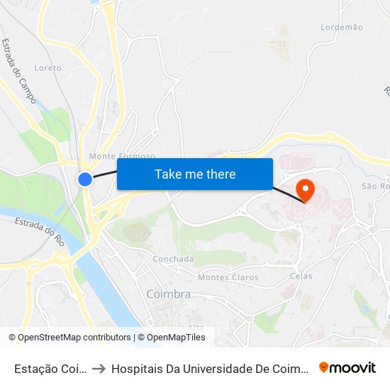 Estação Coimbra B to Hospitais Da Universidade De Coimbra - Bloco Central map