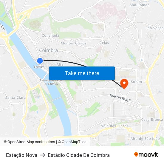 Estação Nova to Estádio Cidade De Coimbra map