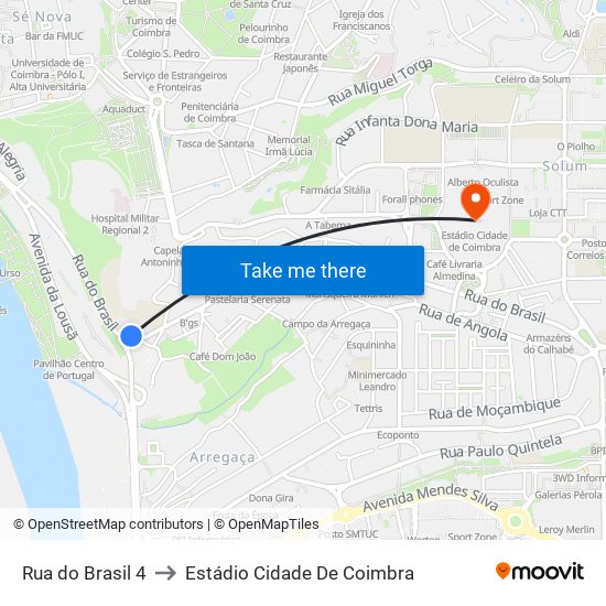 Rua do Brasil 4 to Estádio Cidade De Coimbra map