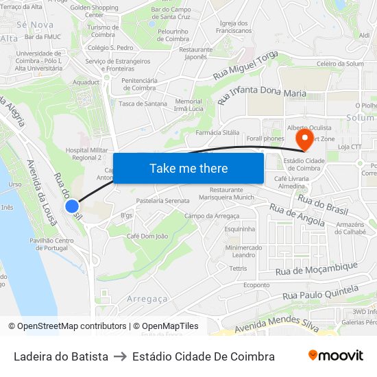 Ladeira do Batista to Estádio Cidade De Coimbra map