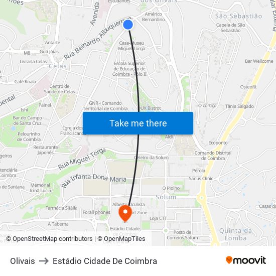 Olivais to Estádio Cidade De Coimbra map