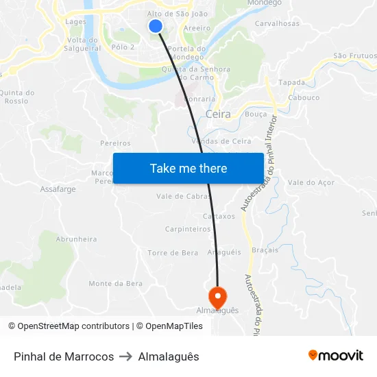 Pinhal de Marrocos to Almalaguês map