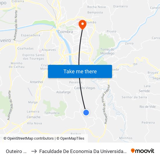 Outeiro de Bera to Faculdade De Economia Da Universidade De Coimbra (Feuc) map