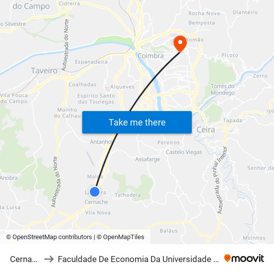 Cernache 2 to Faculdade De Economia Da Universidade De Coimbra (Feuc) map