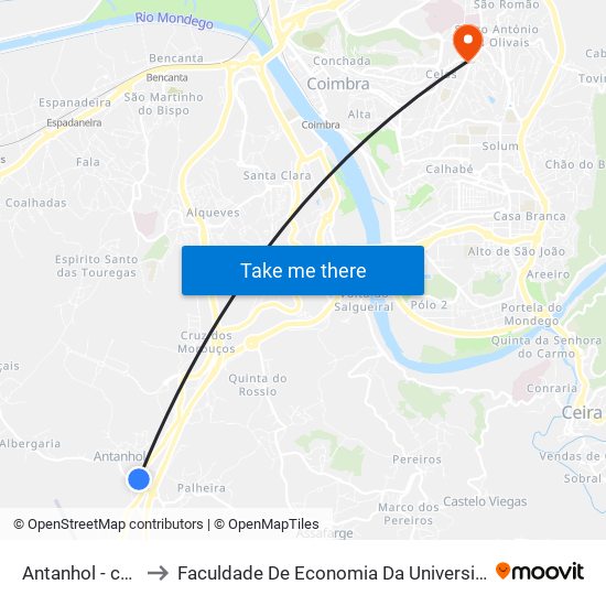 Antanhol - cruzamento to Faculdade De Economia Da Universidade De Coimbra (Feuc) map